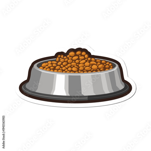 Isolated Dog food in metal bowl filled to top with dry kibble on white background