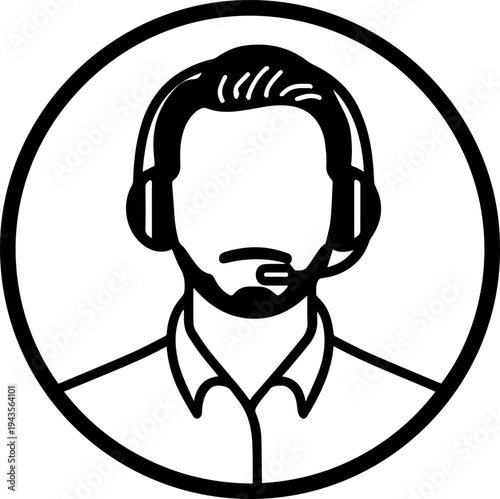 Hand Drawn Male Customer Service Agent Black and White Avatar Illustration in Minimal Line Art Style Design