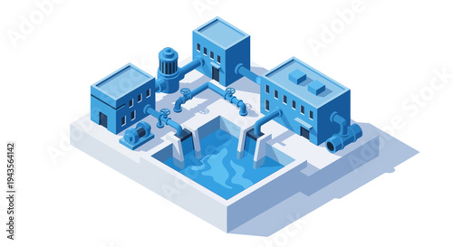 Industrial water treatment plant illustration with pumps and filtration system