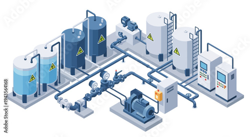 Industrial water treatment plant with tanks, pumps, and piping system