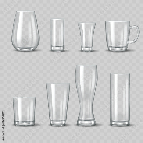 Realistic Transparent Glassware Mockup Set. Vector Empty Drinking Glasses, Mugs, Pints and Tumbler Templates.