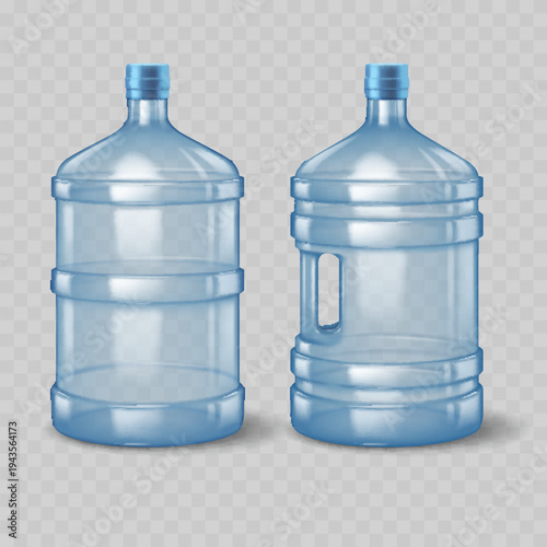 Realistic Large Water Cooler Bottle Mockup Set. Vector Transparent Blue Plastic Dispenser Jug Templates with Handle.