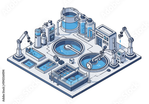 Industrial wastewater treatment plant with robotic arms and large water tanks in isometric view