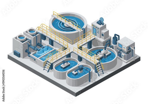 Industrial water treatment plant isometric illustration, highlighting purification and processing stages