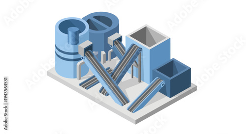 Industrial plant illustration with conveyor belts and storage silos