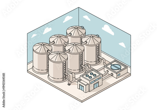 Industrial storage tanks with interconnected piping and control system illustration