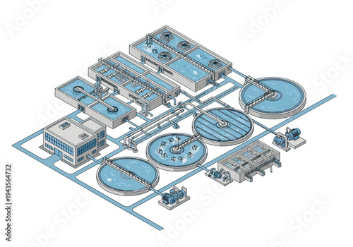 Overview of an industrial water treatment plant, showing interconnected tanks and machinery for purification processes