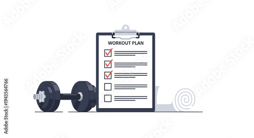 A black clipboard displaying a workout plan with checked boxes is positioned beside a heavy dumbbell and a rolled yoga mat on a pristine white surface.