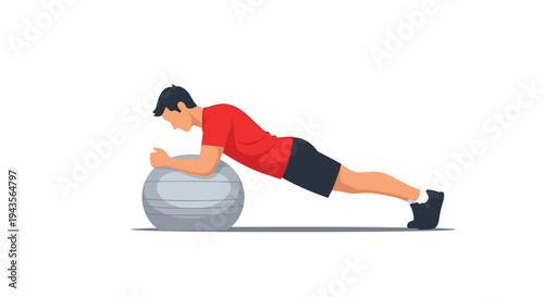 A fit man in a red t-shirt and black shorts performs a plank exercise with his forearms supported on a gray exercise ball.