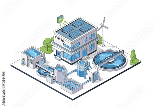 Wastewater treatment plant with renewable energy sources and control center