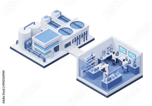 Industrial water treatment facility connected to a modern research laboratory for water analysis and development