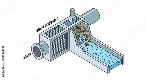 Illustration of an industrial water intake screening system for filtering debris and pollution