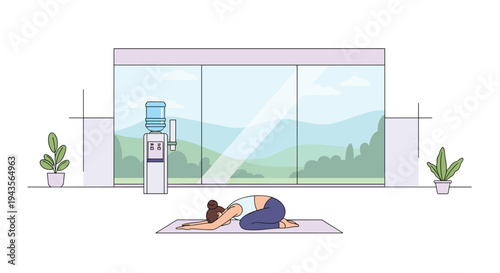 A woman in athletic wear performs child's pose on a yoga mat in a modern room with a large window overlooking a serene landscape.