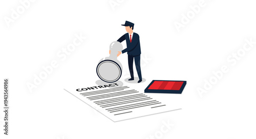 A male figure in a suit and cap stands over a large contract document, pressing a round stamp onto its surface.
