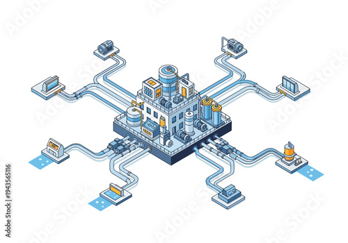 Modern industrial factory with connected automated machines and distributed systems