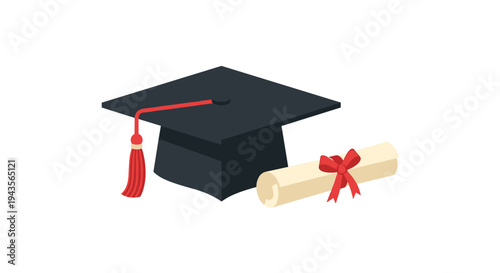A black graduation cap with a red tassel is placed beside a rolled diploma tied with a red ribbon on a white background.