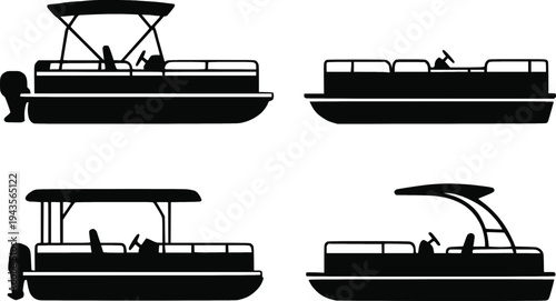 Pontoon boat silhouette vector icon set isolated