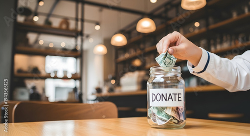 A person donating money into a glass jar labeled Donate on a wooden table in a modern coffee shop or cafe with blurred background