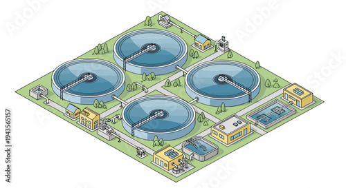 Water Treatment Plant with Circular Settling Tanks and Buildings - Isometric View