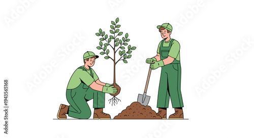 Two male gardeners in green overalls are diligently planting a small tree with exposed roots next to a mound of soil.