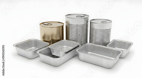 A collection of aluminum foil containers and cans on a white background, including rectangular baking dishes and cylindrical tins, perfect for food storage and presentation.