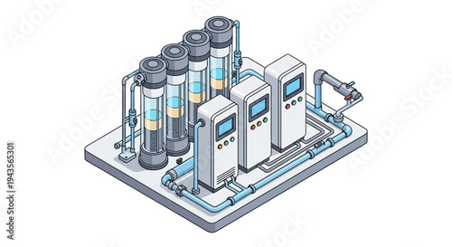 Industrial water filtration system with multiple purification tanks and digital displays