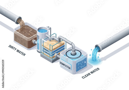 Diagram illustrating the process of purifying dirty water into clean water through disinfection and filtration