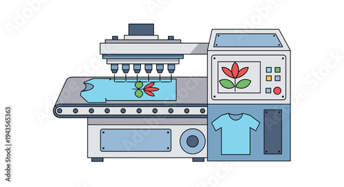 An automated industrial machine is actively printing a leaf design onto a light blue t-shirt on a conveyor belt in a manufacturing setting.