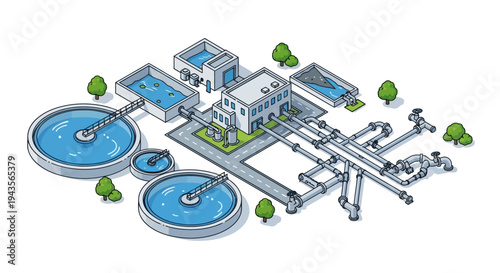 Industrial water treatment plant illustration with pipes, tanks, and buildings