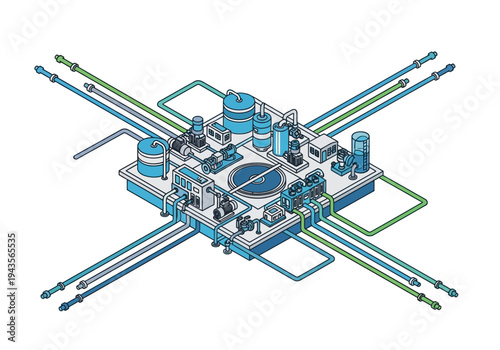 Industrial water treatment plant illustration with plumbing system and filtration units