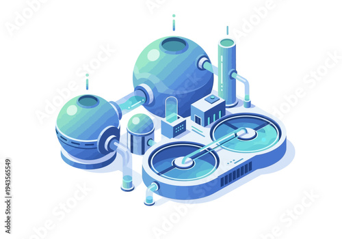 Industrial water treatment plant with circular tanks and pipes in isometric view