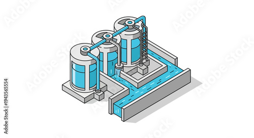 Industrial water treatment plant with purification system and flowing water illustration