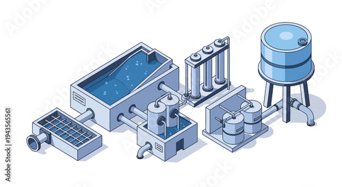 Diagram Illustrating Water Purification Process and Industrial Water Treatment System