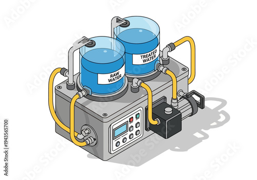 Industrial Water Treatment System with Raw and Treated Water Tanks and Pump