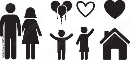 Family Love Silhouette Icons with Heart and House Symbols
