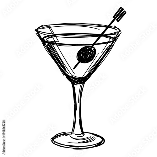 Hand drawn sketch of a martini with an olive