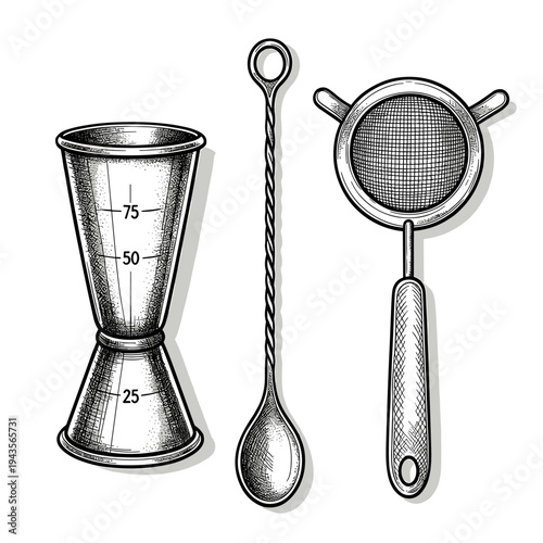 Vintage cocktail tools: jigger, bar spoon, and strainer