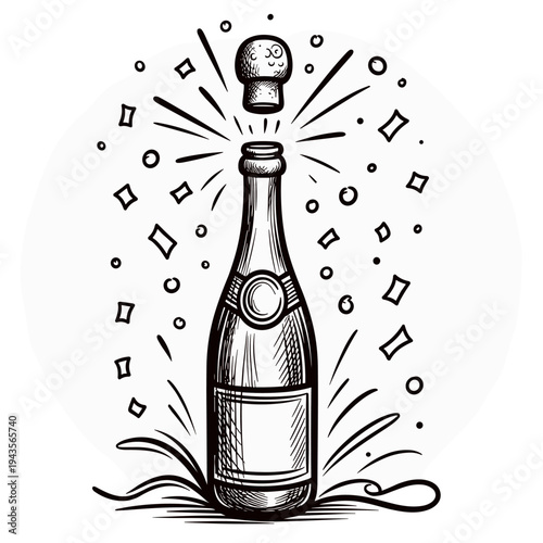 Champagne bottle opening with cork popping and confetti
