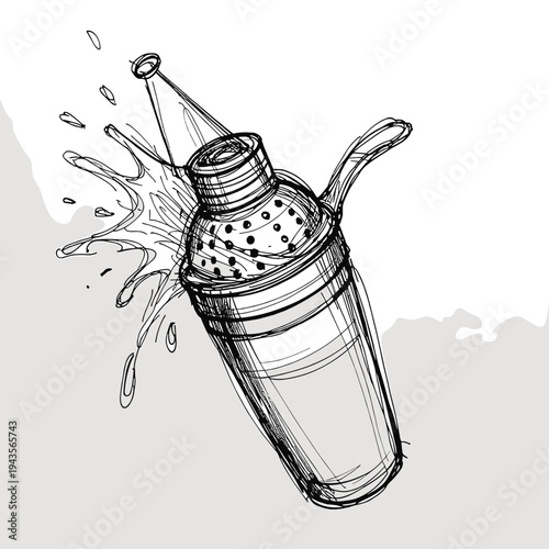 Hand-drawn cocktail shaker with liquid splashing out