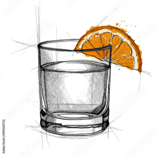 Sketch of a clear drink in a glass with orange slice garnish