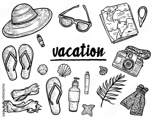 vector illustration of summer vacation items with text vacation on a white background