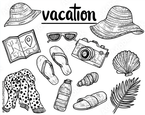 vector illustration of summer vacation items with text vacation on a white background