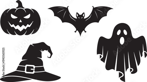 Halloween icons including pumpkin, ghost, bat, and witch hat