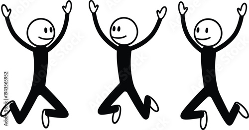 Three stick figures jumping in the air with joy and happiness