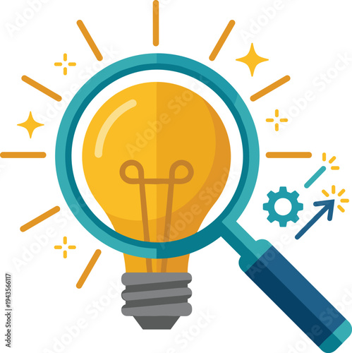 Magnifying glass focused on a bright, glowing light bulb, symbolizing innovation and new ideas, with gears and sparkles indicating progress and discovery