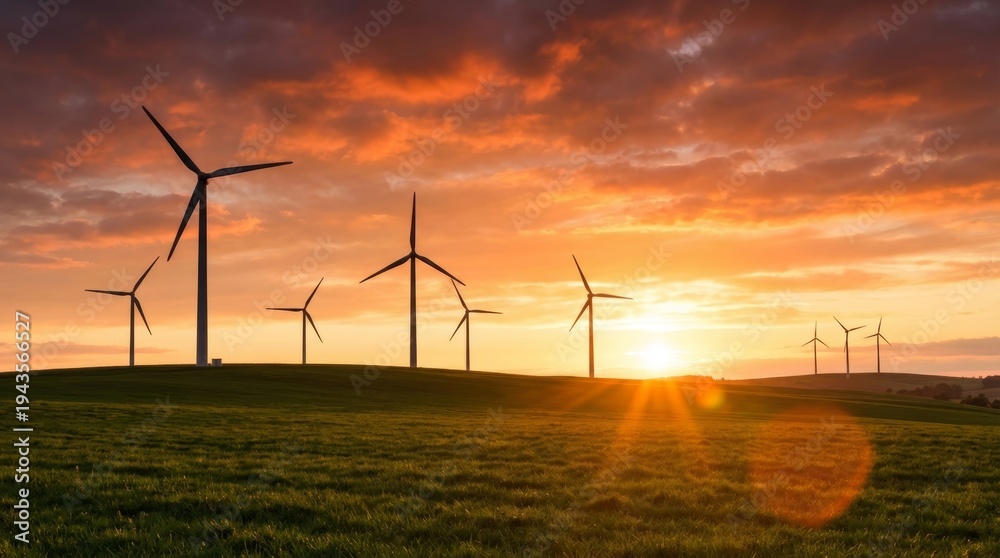 Fototapeta premium Silhouettes of wind turbines in a lush green meadow during a dramatic golden sunset, representing clean and renewable energy concepts