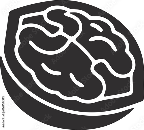 Black silhouette of a halved walnut showing its brain-like kernel with Walnut with Silhouette