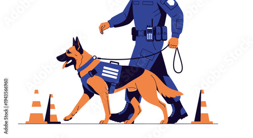 Police officer and loyal K9 German Shepherd partner diligently walk between training cones. Vector illustration depicting law enforcement, security, and detection expertise