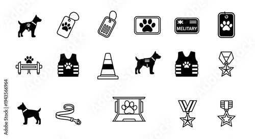 Essential vector icons for service dogs and military K9 units. Features working dog silhouettes, training gear, and awards for animal service designs, ideal for professional pet care branding