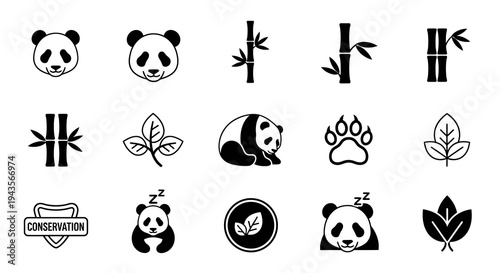 Minimalist vector icons illustrating the Giant Panda, its bamboo habitat, and critical conservation themes, promoting wildlife protection and ecological balance awareness